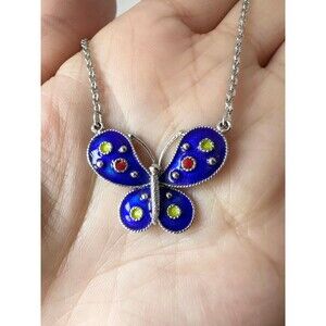 Vintage Van Lou Sterling silver blue enamel butterfly necklace 15”